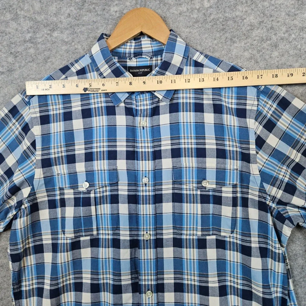 Banana Republic Mens Button Up Shirt Size L Blue Plaid Long Sleeve Cotton Casual
